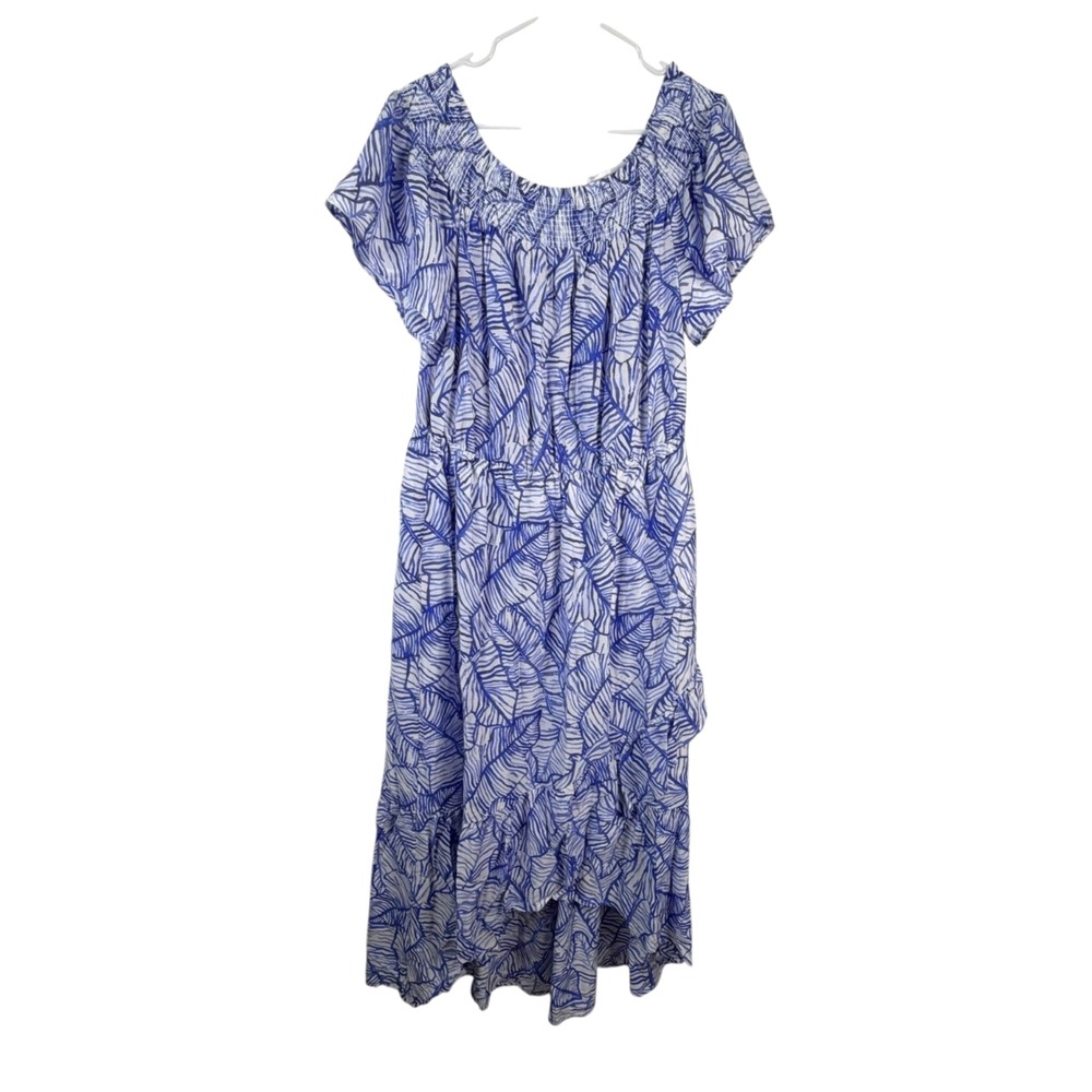 Vineyard Vines Women's Dress Blue Sz 16 Banana Leaf Smocked Off Shoulder Resort